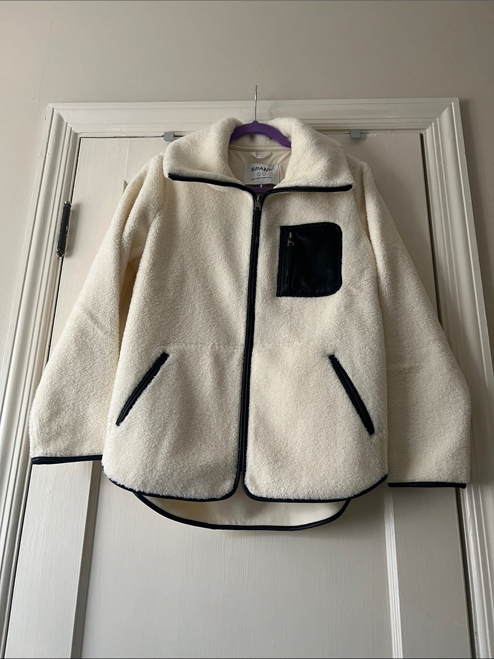 SPANX Women's Frosted Ivory Sherpa Jacket with Black Accents S & L